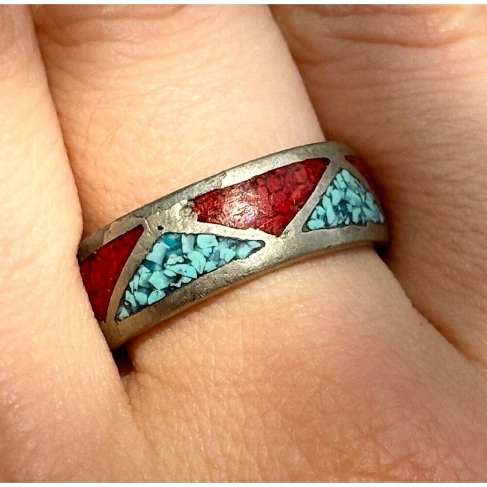 Vintage Turquoise & Red Stone Inlaid Geometric Navajo Style Band Ring - sz 9.25 - Picture 1 of 7